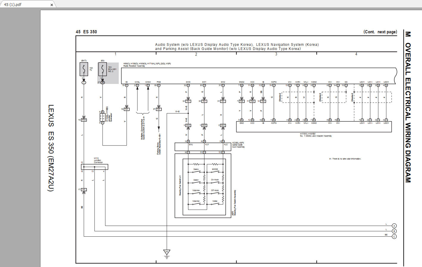 LEXUS ES350 2016-2018 Electrical Wiring Diagram Workshop Manual