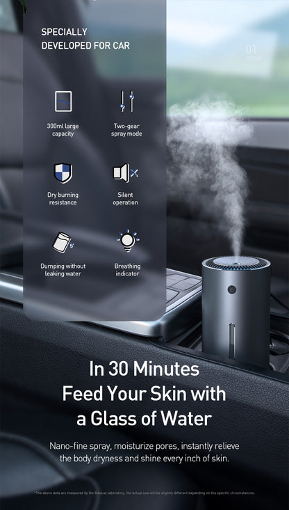 Humidificateur d'air de voiture Baseus en alliage d'aluminium 300mL avec lumière LED pour accessoires de bureau à domicile Auto Armo humidificateur d'air de voiture